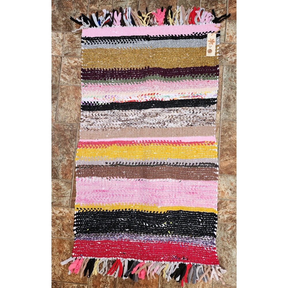 Handmade Woven Rag Rug Multicolor Rustic Farmhouse Home Decor 41 x 24 OOAK BOHO